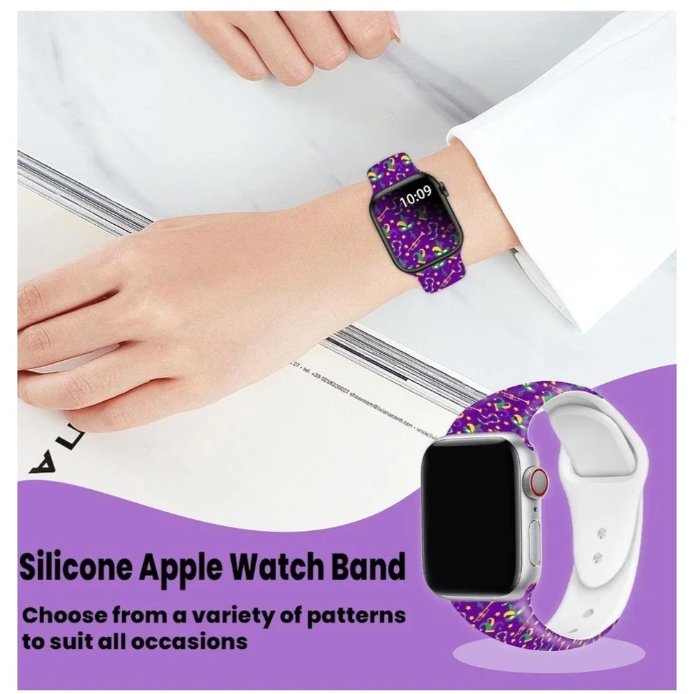 Mardi Gras Carnival Silicone Apple Watch Band 42/44/45/49mm Purple Mask Pattern